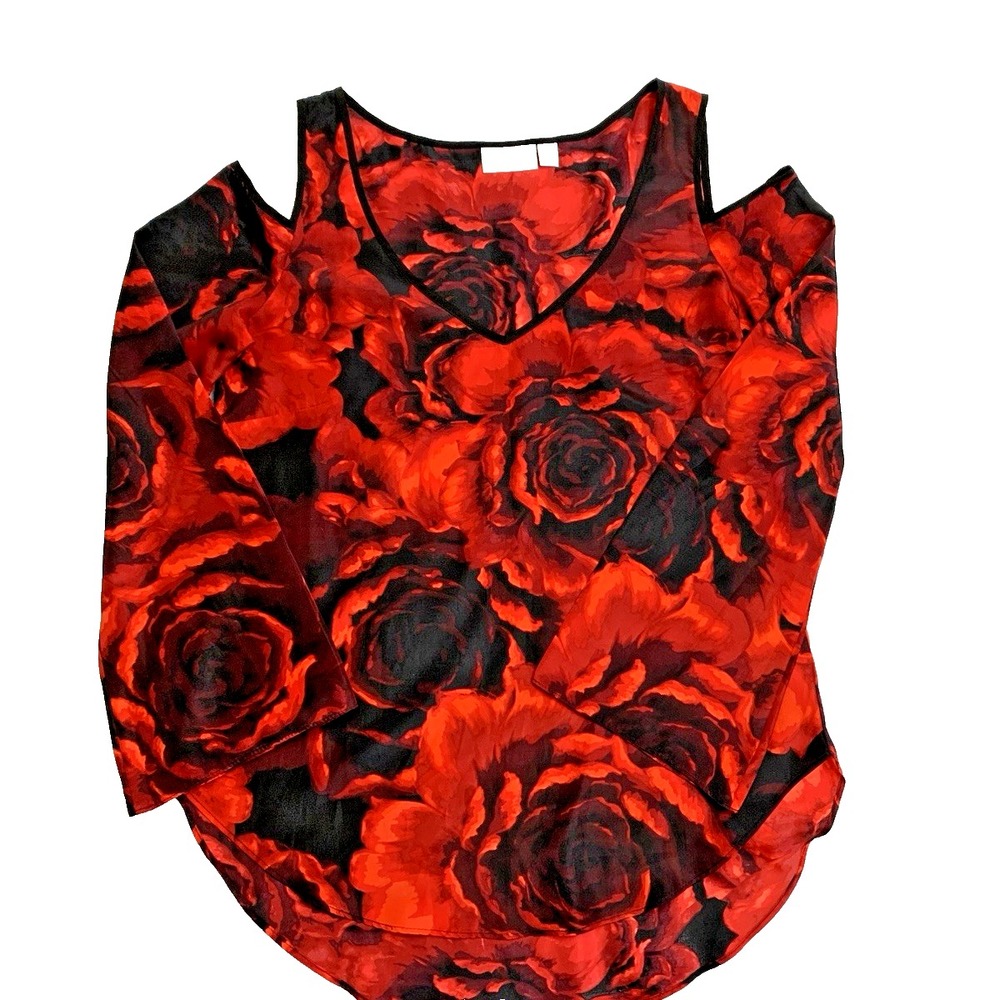 Bisou Bisou Women's Black Rose Cold Shoulder Long Sleeve Shirt Top Size XSmall